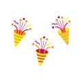 Set confetti party popper icon, fireworks logo, cap, flat design. Vector illustration. Stock image. Royalty Free Stock Photo