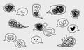 Set of confused messed up thoughts bubble line art icons. Depressed mental state before therapy, brain overthinking