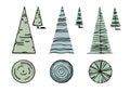 Set of Coniferous, Pine, Fir Tree, little silhouettes, Isolated on White Background. Plan and front views. For collages, drawings Royalty Free Stock Photo