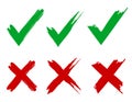 Set of consent sign and prohibition sign, checkmark, cross drawn with brush strokes, crosses x and ticks OK, set vector