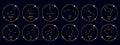 Set of constellations of zodiac signs in golden shiny circles. Golden design on a black background. Icons, templates Royalty Free Stock Photo