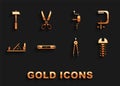 Set Construction bubble level, Clamp and screw tool, Metallic, Drawing compass, Wood plane, Hand drill, Hammer and Royalty Free Stock Photo