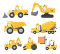 Set of Construction Cars, Equipment for Building. Bulldozer, Excavator, Dump Truck, Concrete Mixer, Roller and Forklift