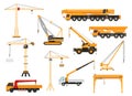 Set of construction cranes in flat style. Trucks with cranes, crawler tractors and cars with cranes vector illustration