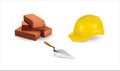Set of construction elements helmet trowel bricks