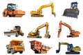 Set of construction equipment: Excavator, Dozer, Soil Compactor, Mining Truck, Motor Grader, Breaker Hammer, Jackhammer, Crusher Royalty Free Stock Photo