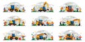 A set of construction equipment and workers on the site. Colorful background of geometric shapes and clouds Royalty Free Stock Photo