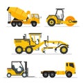 set of construction heavy machines. vehicles construction equipment for building. Road Grader, Concrete cement mixer truck, long t