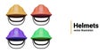 Set of construction helmets of different colors. Vector 3D hard hat with straps, front view Royalty Free Stock Photo