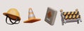 Set of construction icons in 3D style. Hard hat, signal cone, cement bag, portable barrier