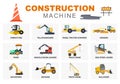 Set Construction Machine of Real Estate Vector illustration. There Are Various Types Of Truck, Heavy Equipment Car, Road Signs And