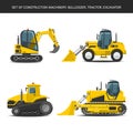 Set of realistic construction machinery. Bulldozer, tractor, excavator