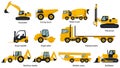 Set of Construction machines. Heavy machinery for Excavator, Dump, truck, Mixer, truck, Pile, driver, Stock, forklift