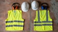 Construction safety gear including vests helmets and earmuffs arranged on a textured surface Royalty Free Stock Photo