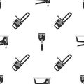 Set Construction stapler, Putty knife and Chainsaw on seamless pattern. Vector