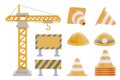 Set of construction tools and equipment, yellow tower crane, Under construction sign, traffic cone,Safety helmet, labor day. 3d