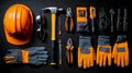 A set of construction tools laid out on a black surface Royalty Free Stock Photo