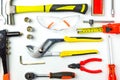 Set of construction tools on white background as wrench, hammer, pliers, socket wrench, spanner, tape measure, electric Royalty Free Stock Photo