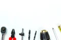 Set of construction tools on white background as wrench, hammer, pliers, socket wrench, spanner, tape measure, electric Royalty Free Stock Photo