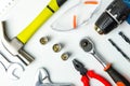 Set of construction tools on white background as wrench, hammer, pliers, socket wrench, spanner, tape measure, electric Royalty Free Stock Photo