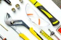 Set of construction tools on white background as wrench, hammer, pliers, socket wrench, spanner, tape measure, electric Royalty Free Stock Photo