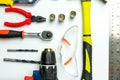 Set of construction tools on white background as wrench, hammer, pliers, socket wrench, spanner, tape measure, electric Royalty Free Stock Photo