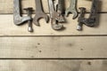 Set of construction tools. Wrench on wooden background Royalty Free Stock Photo