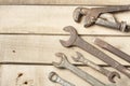 Set of construction tools. Wrench on wooden background Royalty Free Stock Photo