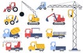 Set of construction vehicles in cartoon style. Cute construction machines. Construction site concept. Vector Royalty Free Stock Photo