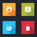 Set Consumer or customer product rating, Shopping cart computer, basket and food and Paper shopping bag icon. Vector