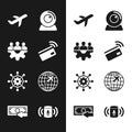 Set Contactless payment, Project team base, Plane, Web camera, management and Globe with flying plane icon. Vector