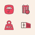 Set Container, Delivery package with umbrella, Cardboard box calendar and Weight icon. Vector