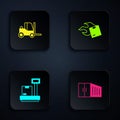 Set Container, Forklift truck, Scale with cardboard box and Carton. Black square button. Vector
