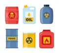 Set of containers with toxic and chemical substances. Dangerous Toxic, Biohazard, Radioactive, Flammable substances. Vector