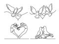 Set continuous flying two pigeons with heart logo