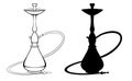 Set of contour and black silhouette of hookahs isolated on a white background. Rest and relaxation. Vector object