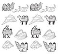 Set of contour camels, desert and hills in cartoon tribal styles