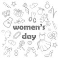 A set of simple icons on a theme day in honor of women, simple contour icons, dark contours on white background