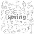 A set of simple icons on a theme of spring , simple contour icons, dark contours on white background