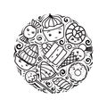 Set of contour child illustrations of cute, kawai sweets and confection. Vector elements