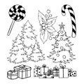 a set of contour Christmas and New Year drawings for decoration