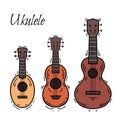 Set of contour color ukulele with decoration. Hawaiian music. Musical string instrument. Vector outline element