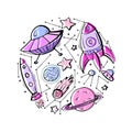 Set of contour colorful child illustrations of stars, spaceships and UFOs. Royalty Free Stock Photo