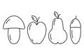 Set of contour drawing seasonal fruits - Mushroom, apple, pear and acorn Thanksgiving day. Vector