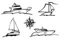 Set of contour hand drawings various modern sailing boats isolated on white