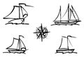 Set of contour hand drawings various sailing boats isolated on white