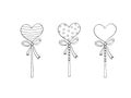 Set of Contour Heart Shaped Lollipop Candy with ribbon. Coloring page, Valentine`s Day, Easter, holidays clip art element. Hand Royalty Free Stock Photo