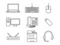 Set Contour icons Technology. Laptop, computer. Office equipment - MFP, telephone, USB flash. Keyboard, mouse headset