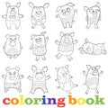 Set contour Illustration with funny pigs, coloring book