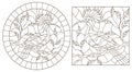 Contour set with illustration of stained glass Windows with birds hoopoes on tree branches, dark contours on white background